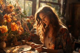 Sophie Brussaux peignant sur une toile dans son atelier