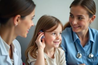 Appareil auditif pour enfant sur un fond coloré