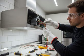 Branchement d'un moteur de hotte aspirante en cours d'installation