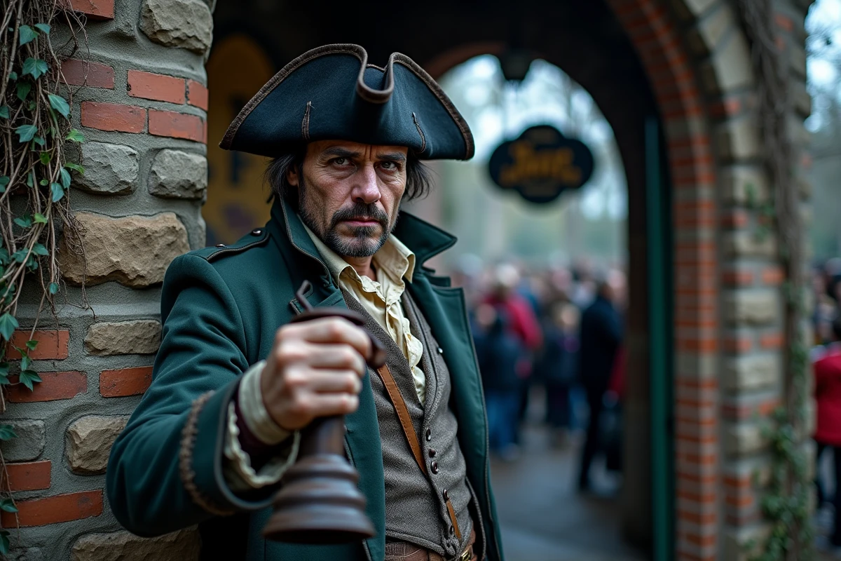 Acteur déguisé en fossoyeur à l'entrée d'une attraction de maison hantée parisienne pour Halloween 2026