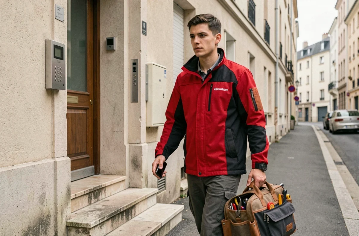 Technicien d'Action Dépannage arrivant en urgence devant un immeuble à Villeurbanne
