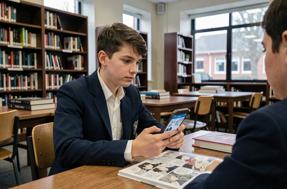 Adolescent lisant discrètement des scans One Piece en français sur son smartphone dans une bibliothèque scolaire