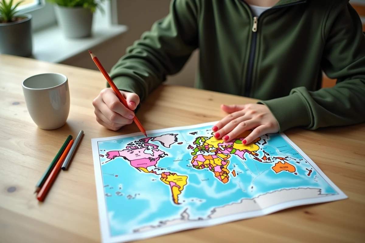 Adolescent coloriant une carte du monde vierge avec des crayons de couleur à la maison pour un exposé scolaire