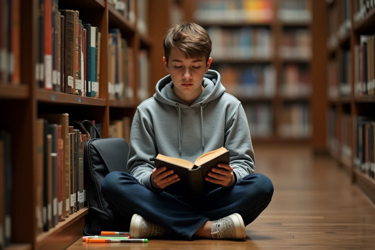 Adolescent révisant la conjugaison française dans une bibliothèque universitaire entre des étagères de livres