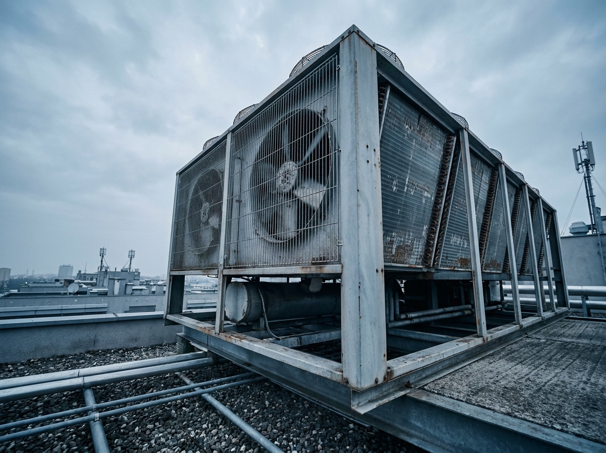 Aérocondenseur industriel installé sur le toit d'un bâtiment commercial, avec ventilateurs axiaux et ailettes en aluminium visibles