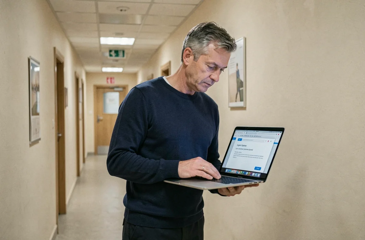 Agent de la ville de Paris consultant un écran d'erreur de connexion nomade dans un couloir administratif