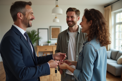 Agent immobilier souriant remettant des clés à un jeune couple