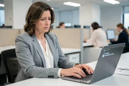 Agente municipale frustrée face à un problème de connexion sur son ordinateur portable dans un bureau administratif