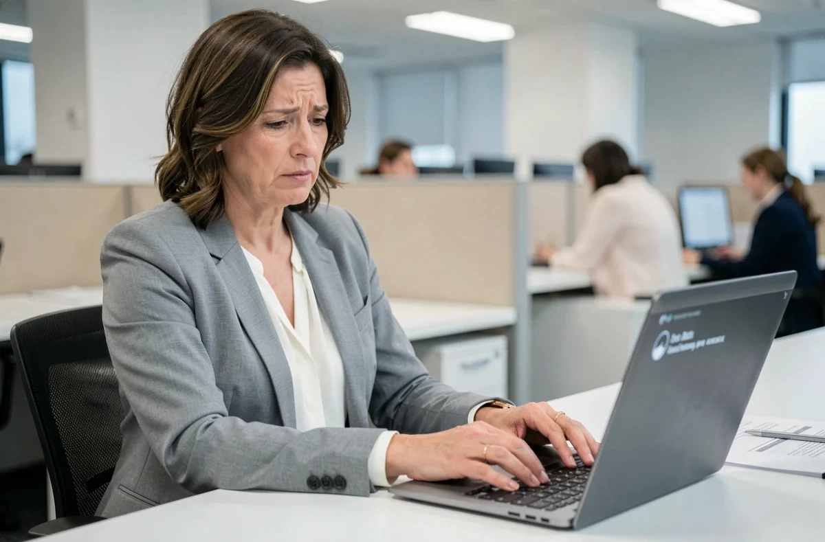 Agente municipale frustrée face à un problème de connexion sur son ordinateur portable dans un bureau administratif