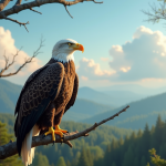 Aigle chauve perché sur une branche avec ciel bleu en arrière-plan