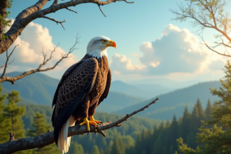 Aigle chauve perché sur une branche avec ciel bleu en arrière-plan
