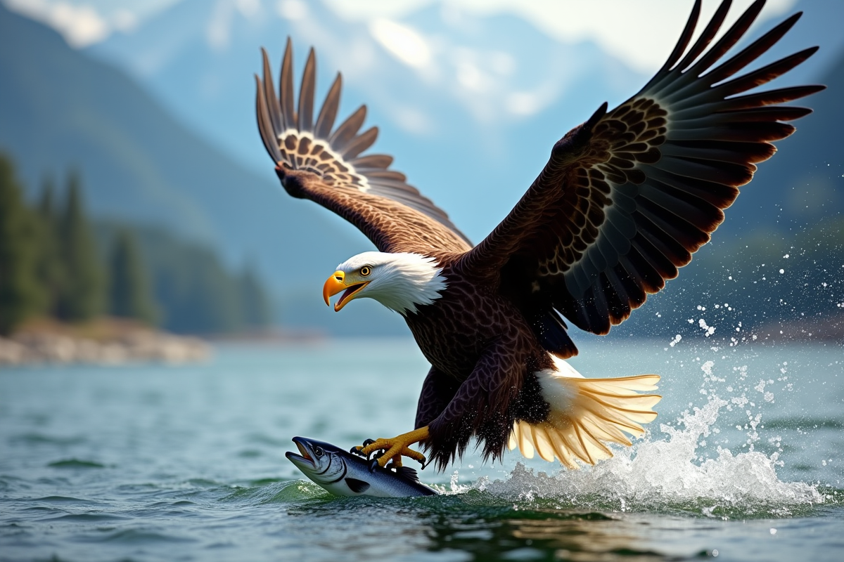 Aigle en vol attrapant un poisson dans une rivière scintillante