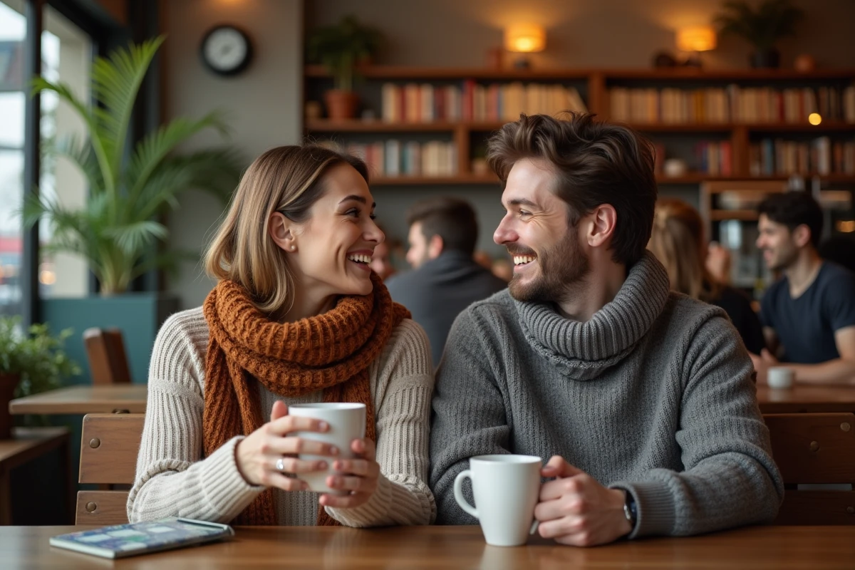 Deux amis rient dans un café avec tasses de café