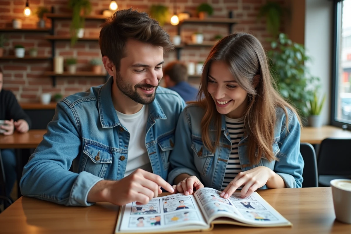 Deux amis découvrant ensemble un manhwa dans un café, illustrant la communauté de lecteurs de webtoon débutants