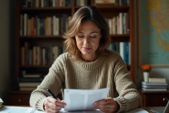 Femme analysant des articles de blog politiques à son bureau, entourée de documents et de pamphlets idéologiques