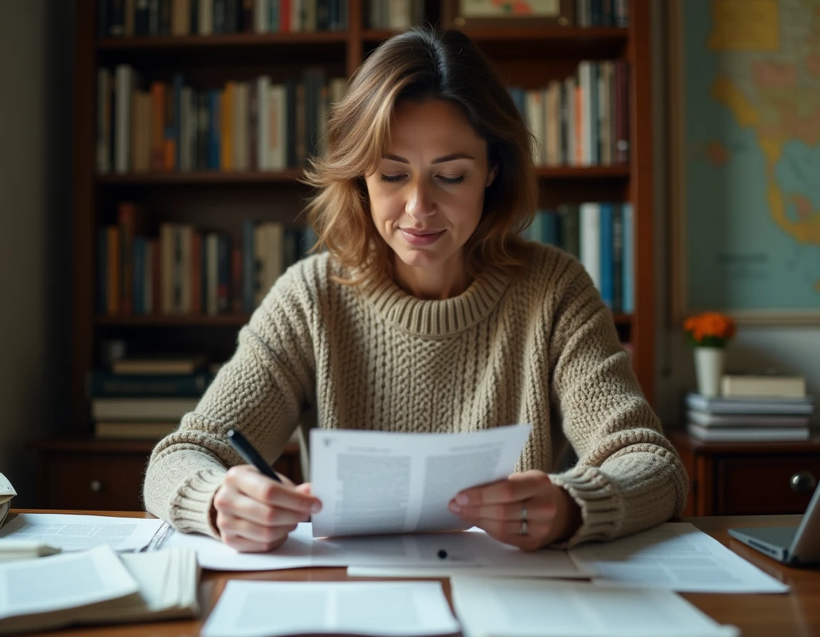 Femme analysant des articles de blog politiques à son bureau, entourée de documents et de pamphlets idéologiques