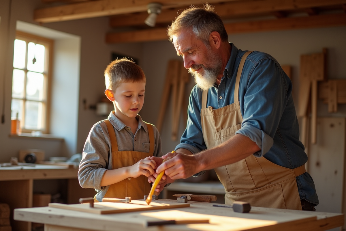 Jeune apprenti menuisier dans un atelier ensoleille