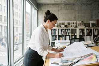 Architecte d'intérieur travaillant sur des plans et des échantillons de matériaux dans un studio professionnel au design contemporain
