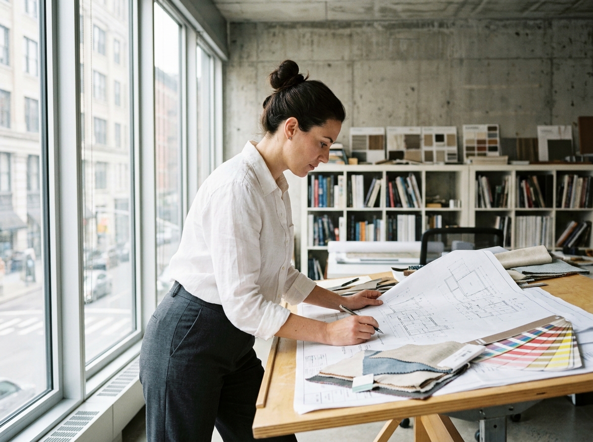 Architecte d'intérieur travaillant sur des plans et des échantillons de matériaux dans un studio professionnel au design contemporain