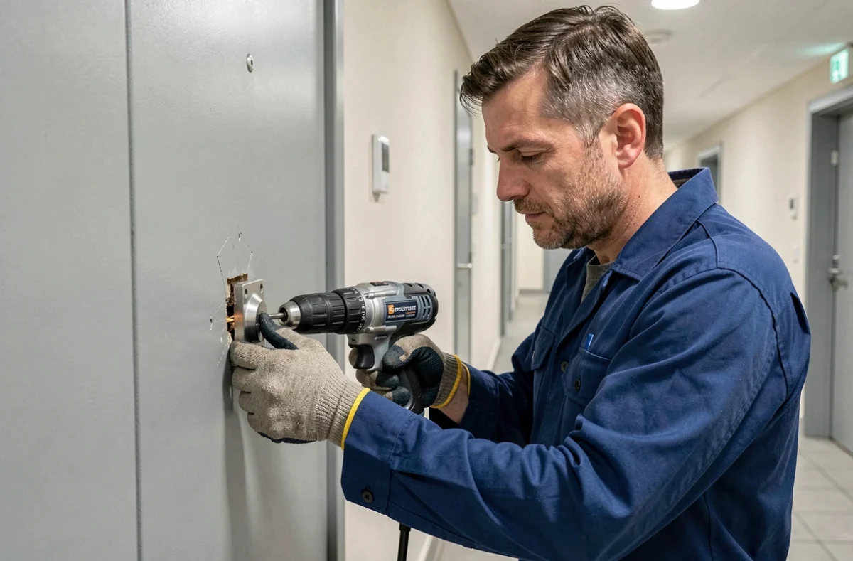 Professionnel d'Assistance Lyon SAS perçant un cylindre endommagé sur une porte renforcée