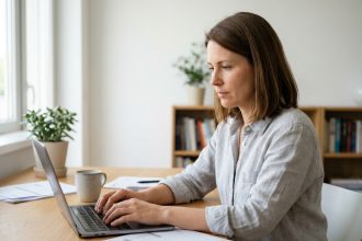 Auto-entrepreneuse envoyant des factures depuis son bureau à domicile sur un ordinateur portable