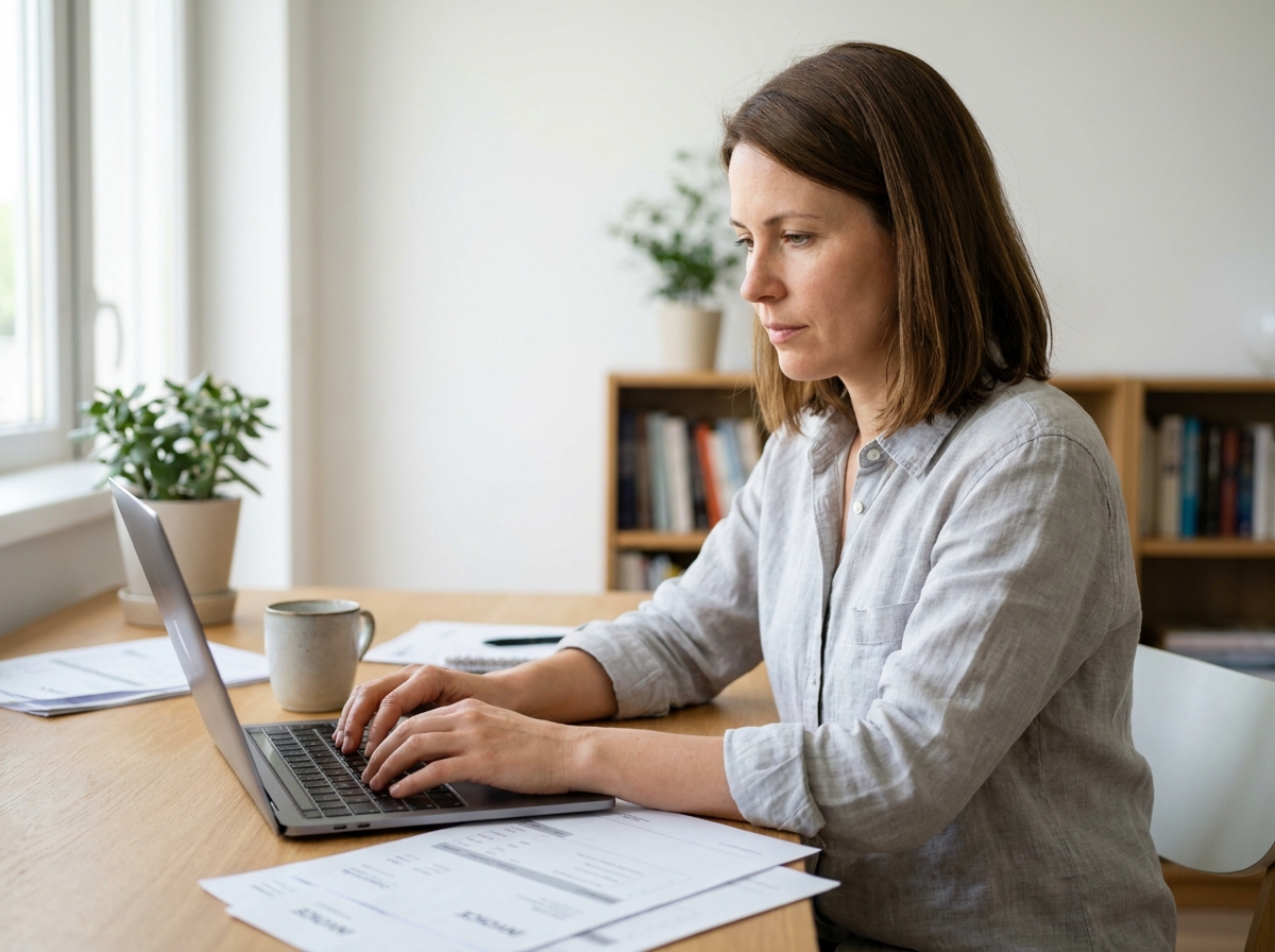 Auto-entrepreneuse envoyant des factures depuis son bureau à domicile sur un ordinateur portable