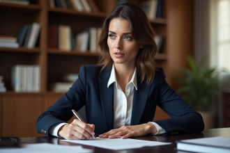 Femme avocate concentrée dans son bureau élégant