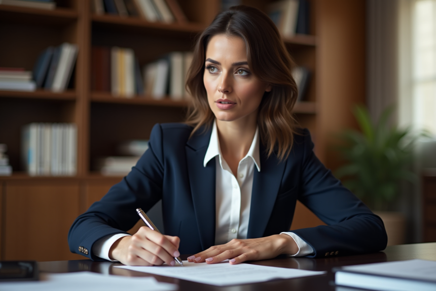 Femme avocate concentrée dans son bureau élégant