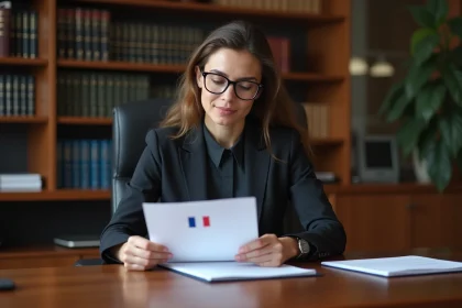 Femme avocate lisant un document officiel dans un bureau moderne