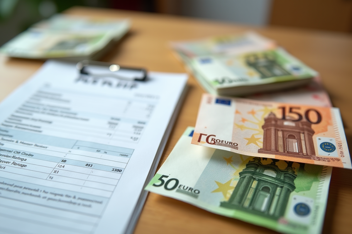 Fiche de paie et billets euros sur une table en bois