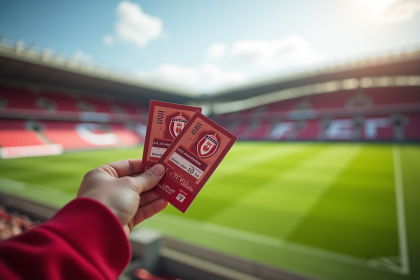 Main tenant deux billets pour un match d'Amiens SC avec le stade en arrière-plan