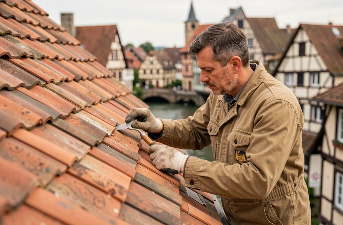 Couvreur posant des tuiles en céramique sur un toit à Colmar avec la ville historique en arrière-plan