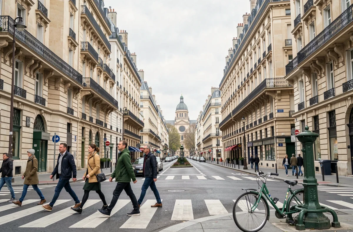 Boulevard parisien typique avec immeubles haussmanniens, fontaine Wallace et passants illustrant l'échelle urbaine de Paris