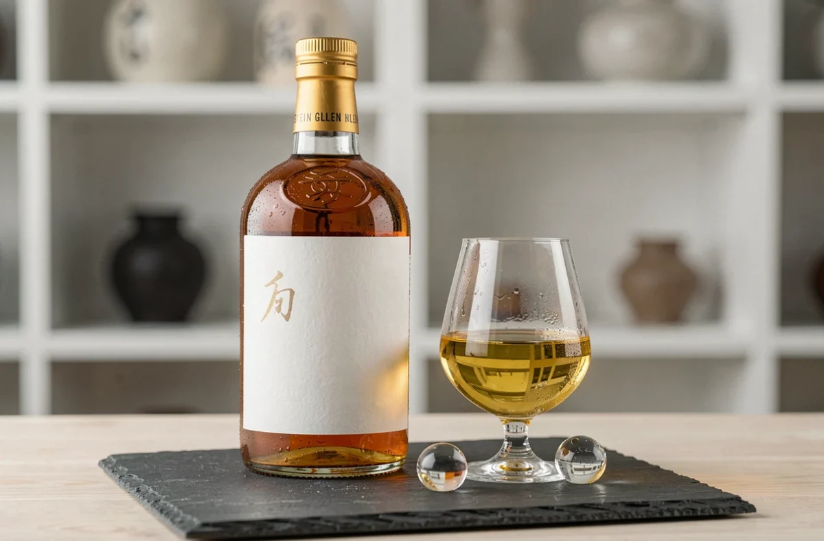 Bouteille de whisky japonais Akashi et verre Glencairn posés sur une ardoise noire