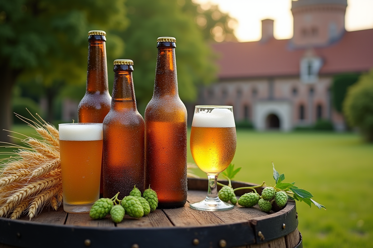 Bouteilles et verres de bière trappiste sur un tonneau en extérieur avec champs de houblon