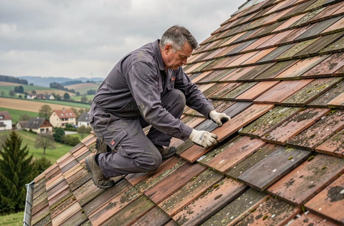 Couvreur professionnel remplaçant des tuiles sur un toit résidentiel dans le Haut-Rhin