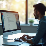 Personne travaillant sur un ordinateur dans un bureau lumineux