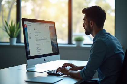 Personne travaillant sur un ordinateur dans un bureau lumineux
