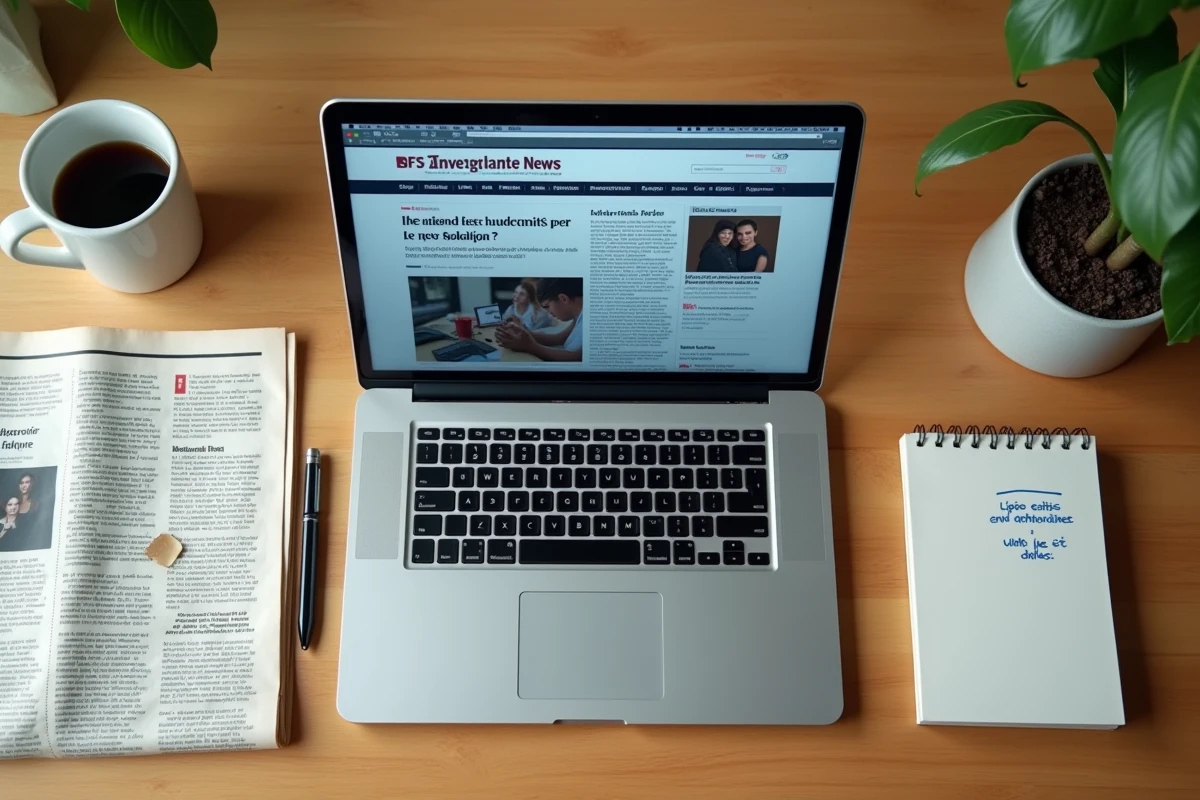 Vue aérienne d'un bureau vintage avec un ordinateur portable affichant un site agrégateur d'actualités entouré d'un journal papier et de notes éditoriales