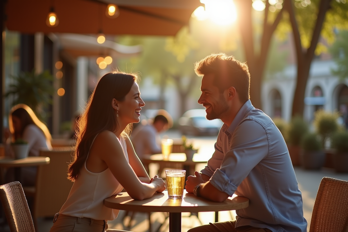 Couple riant au café en plein air sous la lumière douce