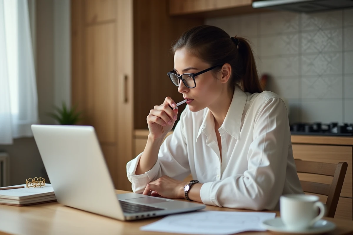 Jeune employée de la fonction publique calculant son salaire de catégorie C depuis son domicile avec un ordinateur portable