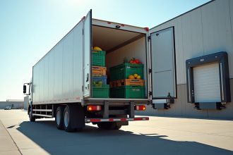 Camion frigorifique chargé de produits frais au jour