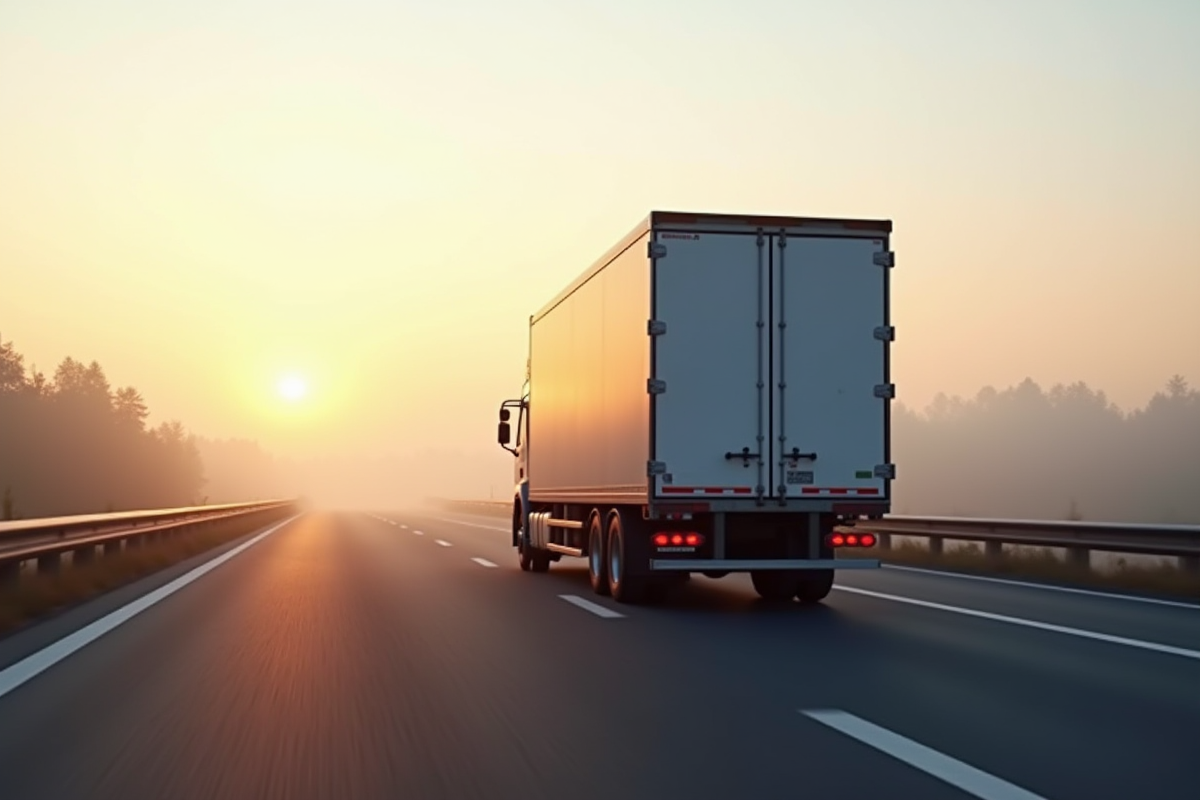 Camion frigorifique en route au matin brumeux