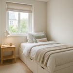 Photo hyperrealiste d'une petite chambre chaleureuse avec lit moderne et rangement