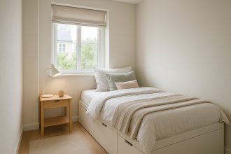 Photo hyperrealiste d'une petite chambre chaleureuse avec lit moderne et rangement