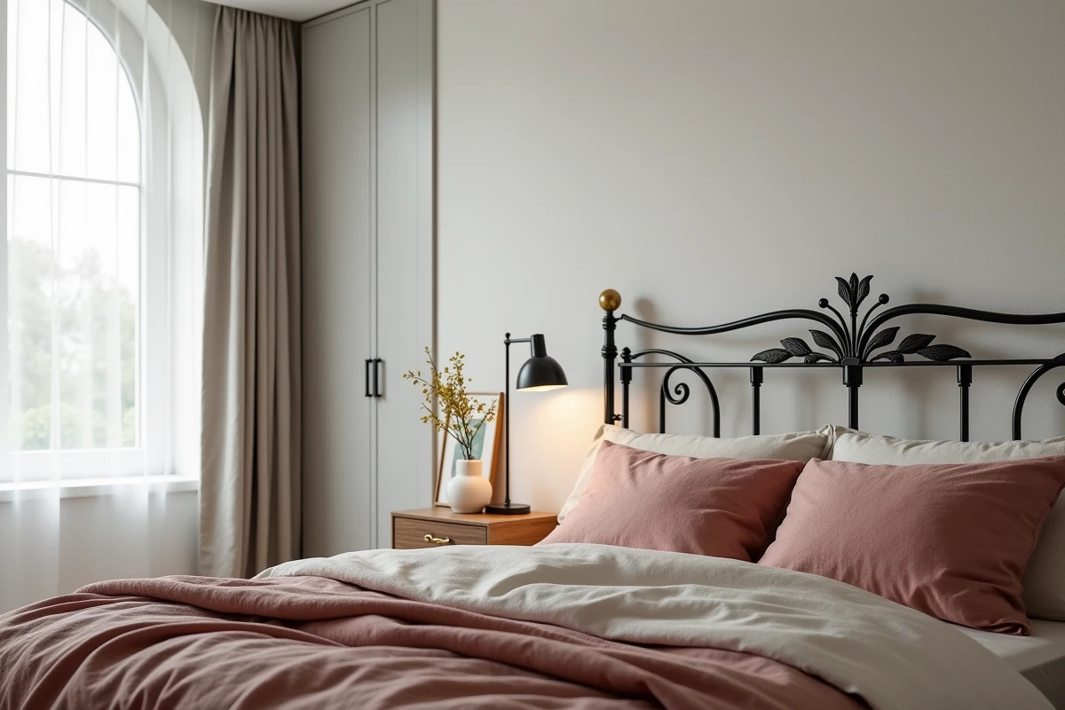 Chambre moderne avec tête de lit en fer forgé Art nouveau aux motifs libellules, linge de lit en lin rose poudré et lampe céramique peinte à l'iris