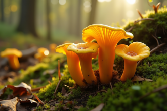Groupe de chanterelles sur sol de mousse en forêt