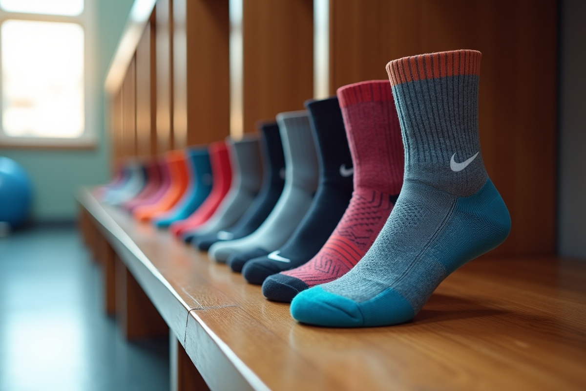 Plusieurs paires de chaussettes de course rangées sur un banc en vestiaire lumineux