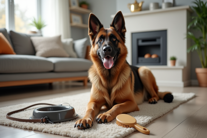 Chien shepherd belge assis dans un salon lumineux