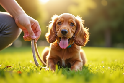 Chiot cocker spaniel jouant dans l'herbe en plein soleil